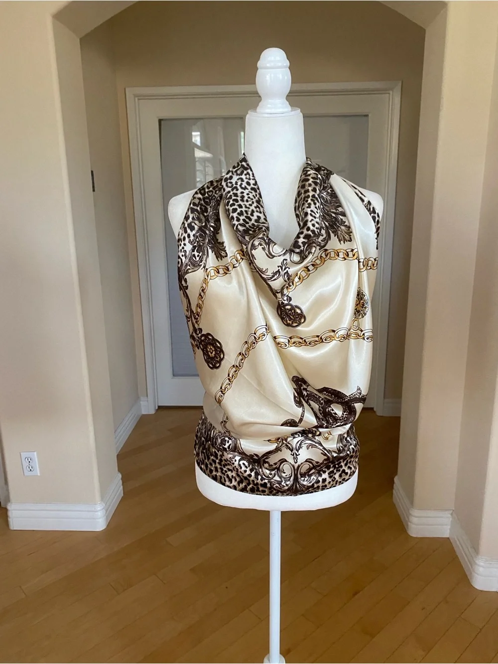 Cream Brown Gold Chain Medallion Print Scarf Wrap Top